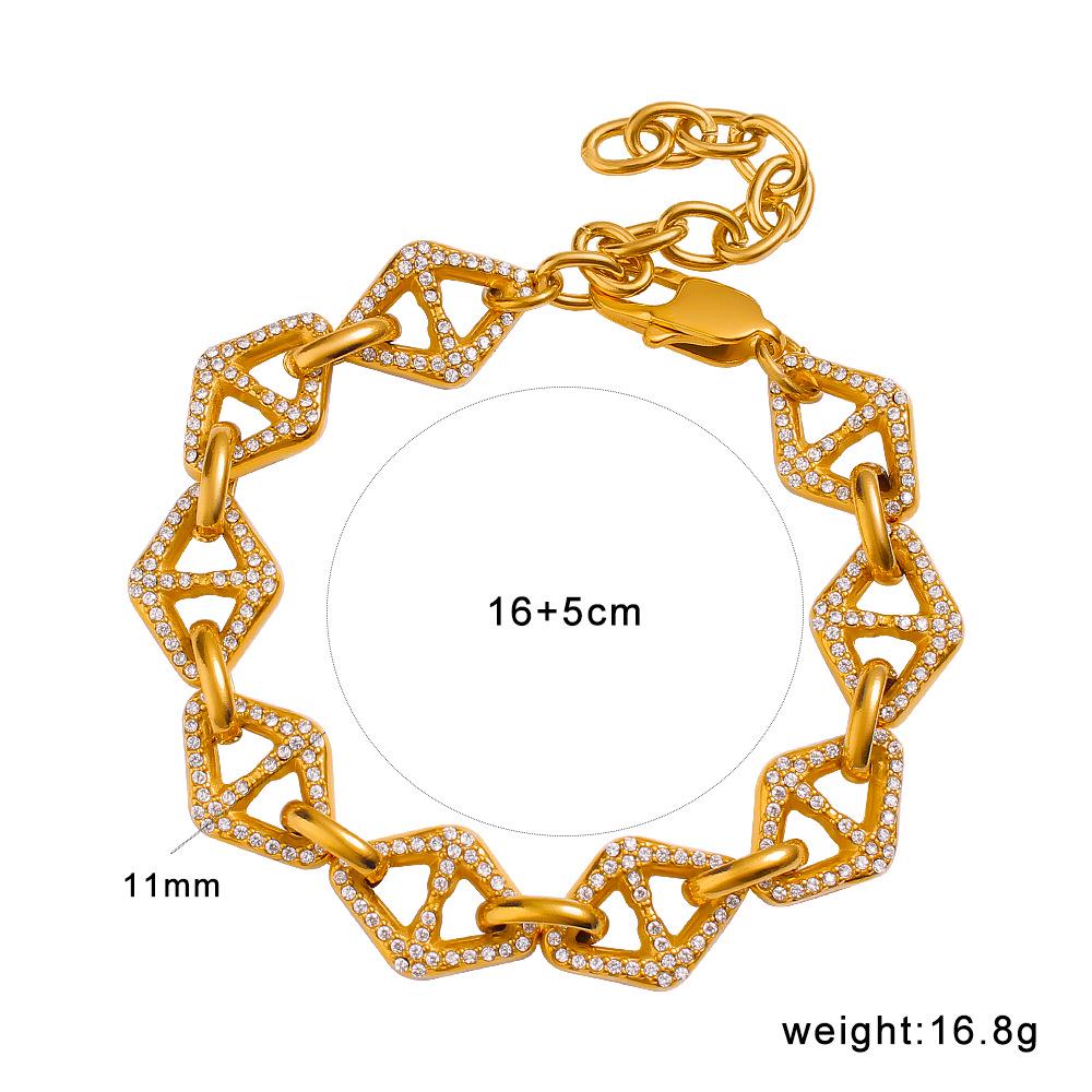 Yue Shi 18K Gold Plated Stainless Steel Diamond Rhombus Necklace and Bracelet Set