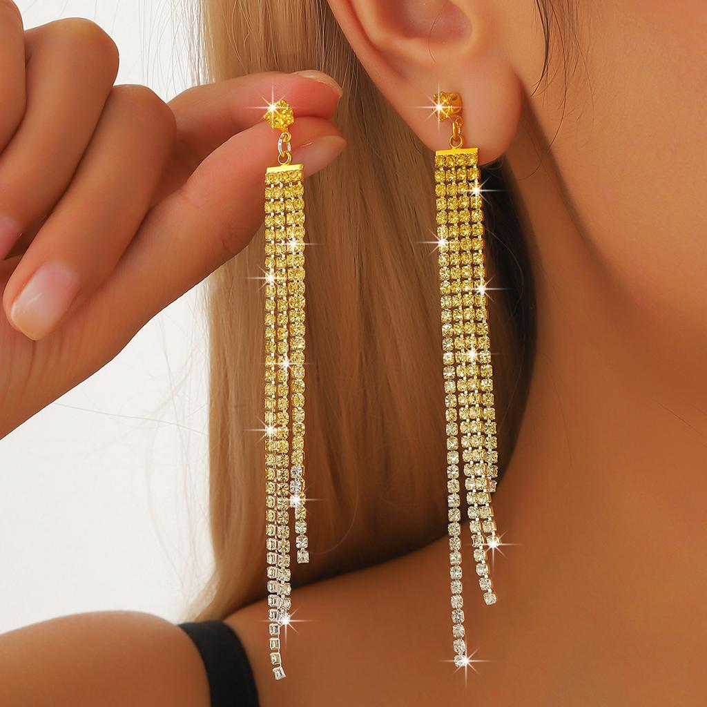 European and American style colorful diamond full diamond tassel long earrings, four-color optional party exaggerated earrings