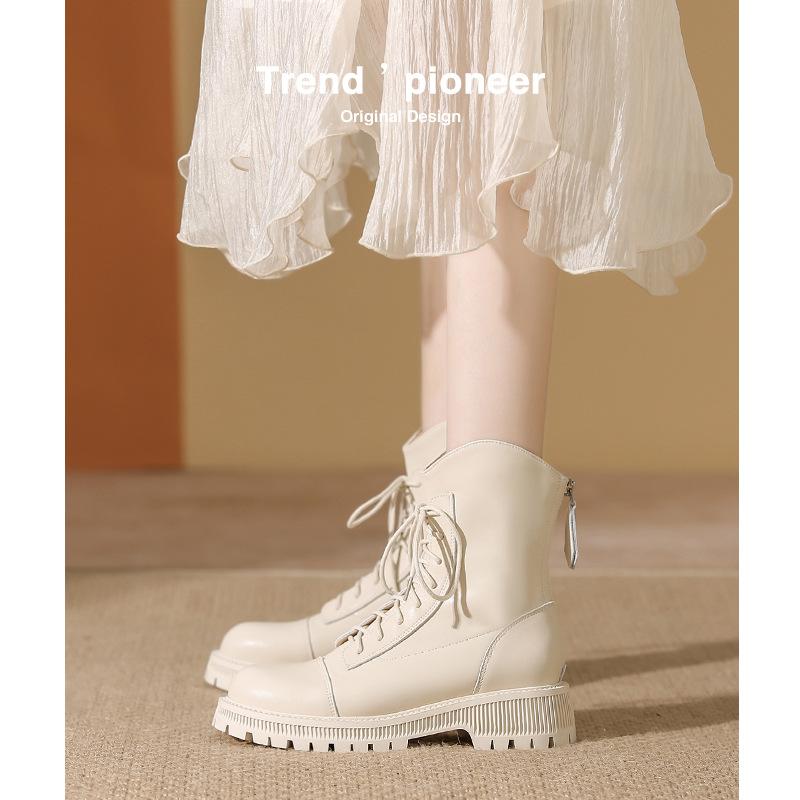 Middle heel autumn and winter new Martin boots women's thick-soled lace-up leather short boots women's beige temperament boots women