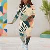 Women Plus Size White Printed Round Neck Long Sleeve Top And Fitted Pants Two Piece Set