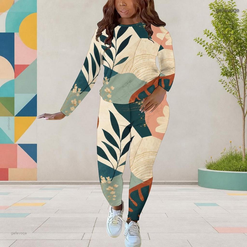 Women Plus Size White Printed Round Neck Long Sleeve Top And Fitted Pants Two Piece Set