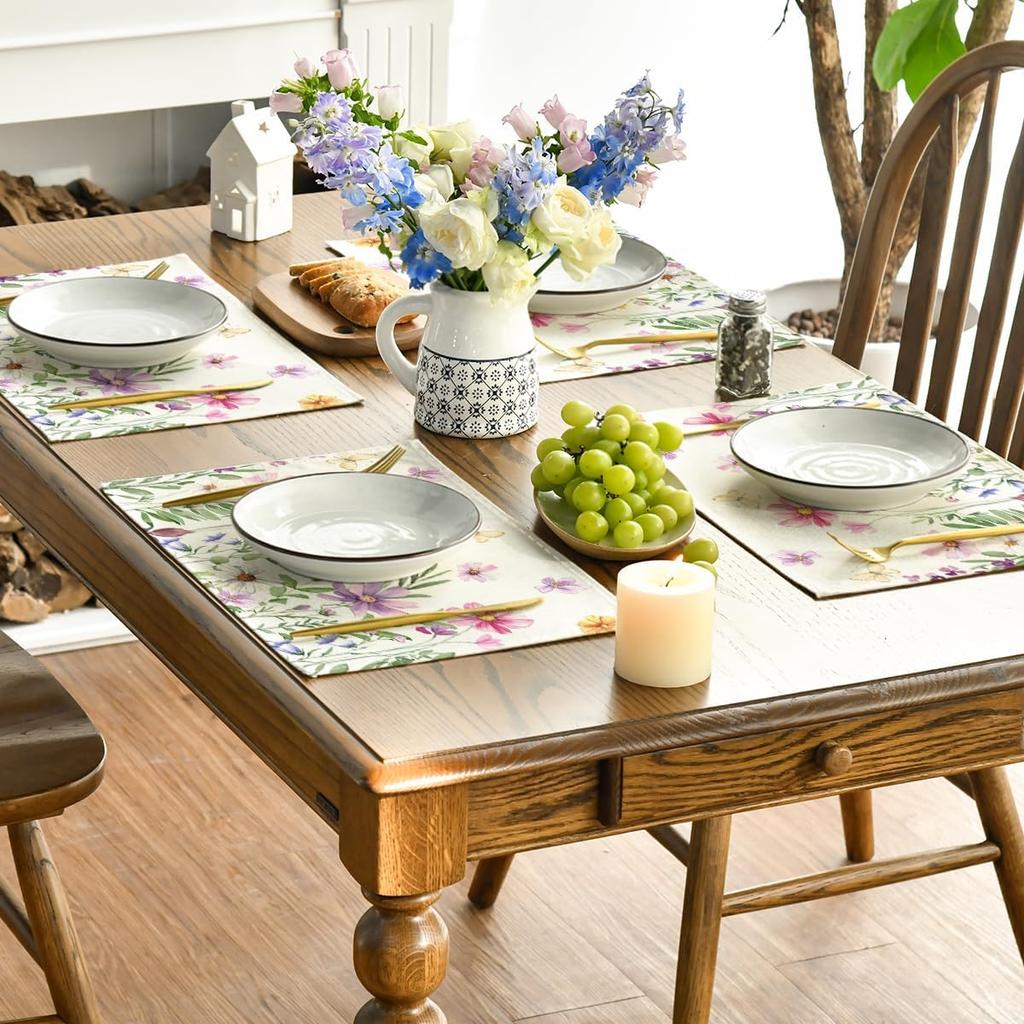 Floral Butterfly Summer Placemats Set of 4, 12x18 Inch Seasonal Spring Placemats for Party Kitchen Dining Summer Decoration