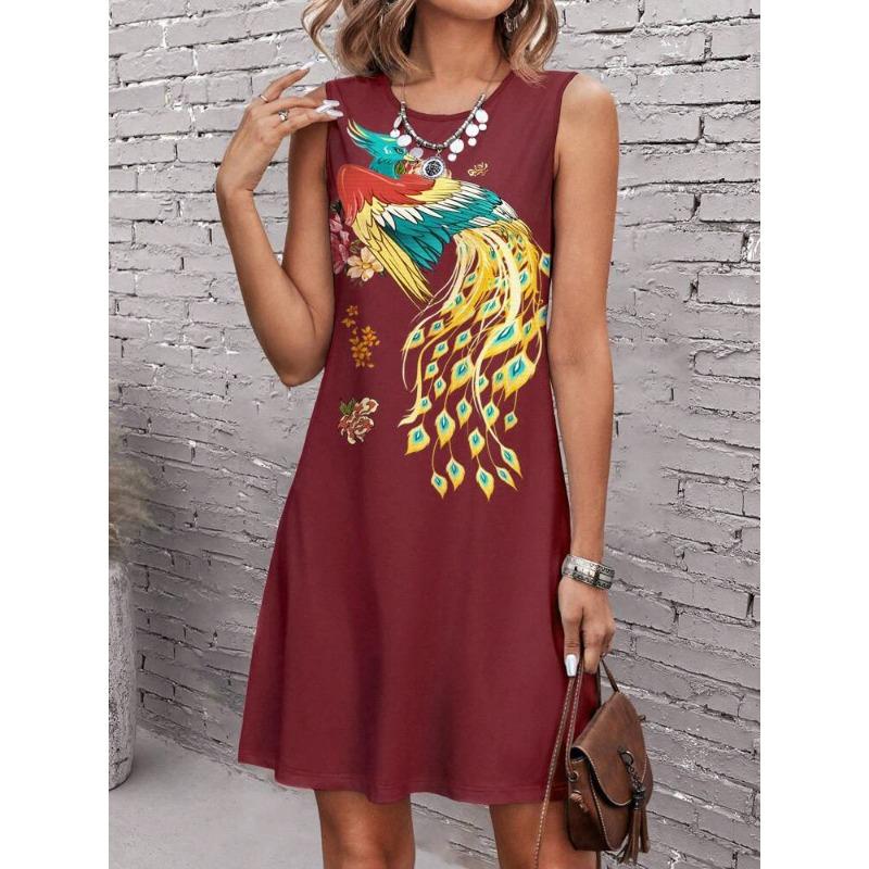 Vestido feminino plus size de verão estampado sem mangas gola redonda vestidos midi