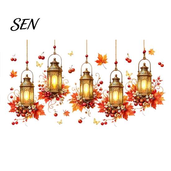 Seasonal Window Art Autumn Maple Leaf And Lantern Static Sticker, Double Sided PVC Waterproof Stickers Decals, Removable Electrostatic Glass