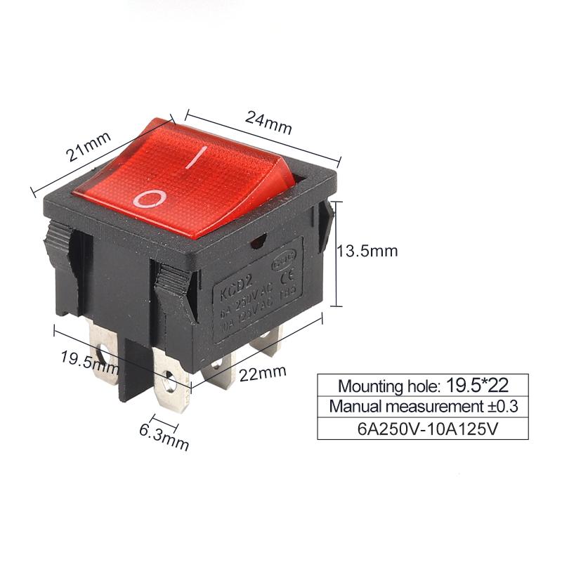 5PCS 24*21mm 4/6 Pin 2/3 Position 6A/10A 250V/125V ON-OFF/ON-OFF-ON/ON-ON Electric Power Switch Rocker Switch Red /Black