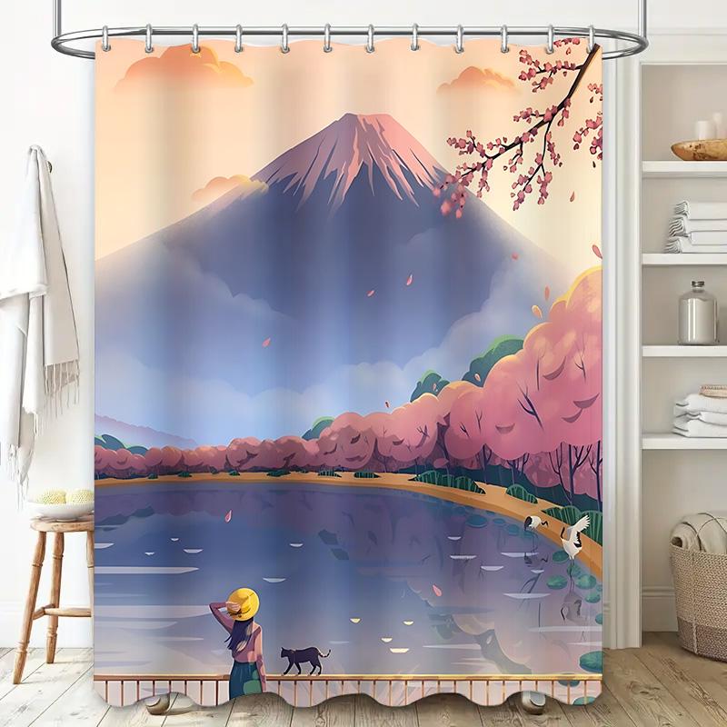

Beautiful Japanese Landscape Shower Curtain Featuring Mount Fuji Cherry Blossoms Woman Cat Serene Lake Decor Tranquility W60H190(CM)-1 Pcs