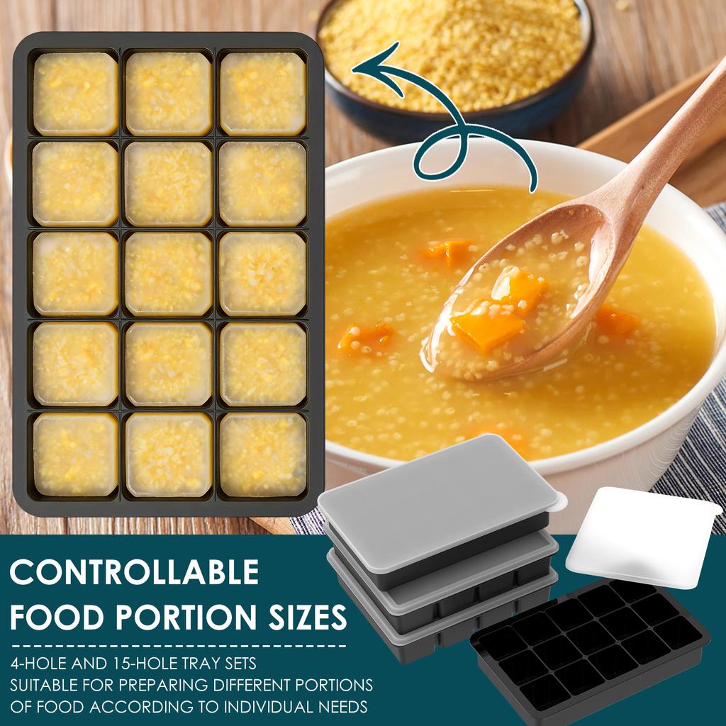 4Pcs Silicone Freezer Trays Ice Cube Molds 4 Long Slot and 15 Small Grid Soup Freezer Container Mold for Bar and Kitchen Gadgets