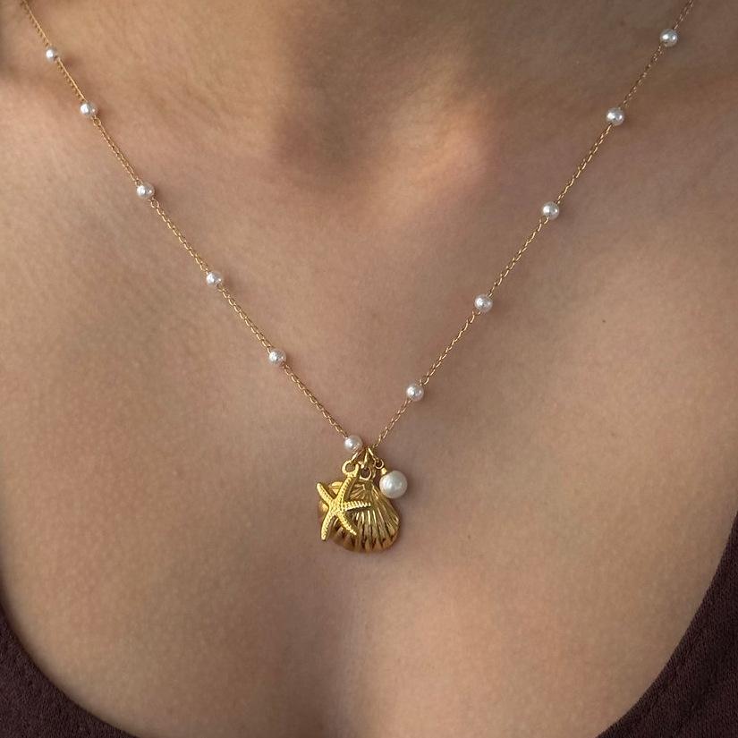 Trendy Lucky Boho Gold Color Shell Imitation Pearl Pendant Necklace For Women Geometric Round Charm Clavicle Chain Jewelry