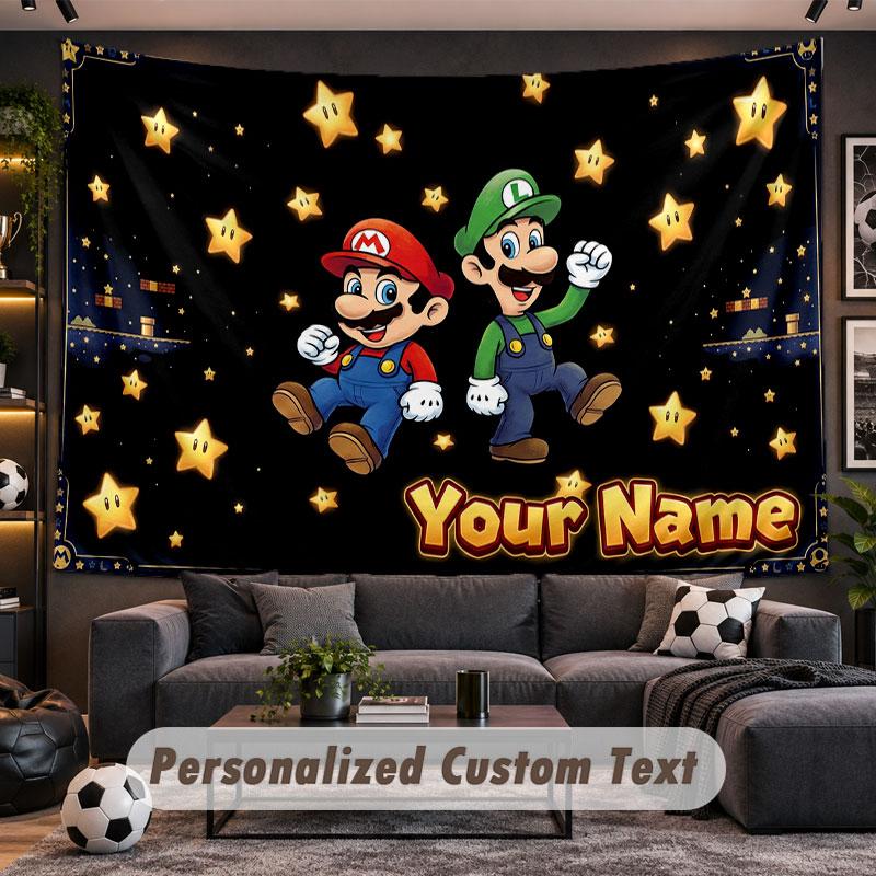 Wall Hanging Tapestry Custom NameSuper Mario Pattern Personalized Printed Fabric Wall Decor