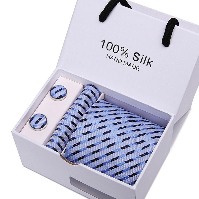 Gift Box Men S Tie Five-Piece Set, Formal Business 7.5Cm Striped Blue And Black Tie Wedding Groom
