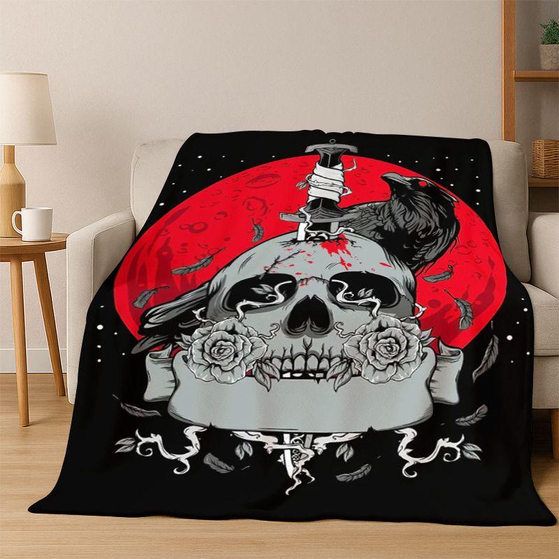 Gothic Raven Crow Skull Cartoon Flannel Blanket Soft Warm Blanket Throw Blanket for Bedroom Living Room Bed Travel Camping Gift