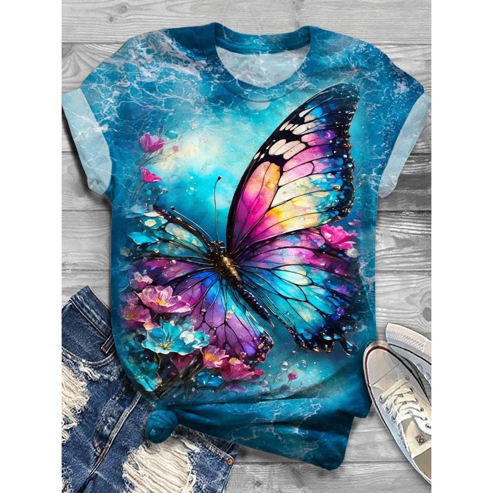 Butterfly Dragonfly Pattern 3D Print T-Shirts Women's Short Sleeves T Shirt Streetwear Y2k Harajuku Tees Tops Female Clothing