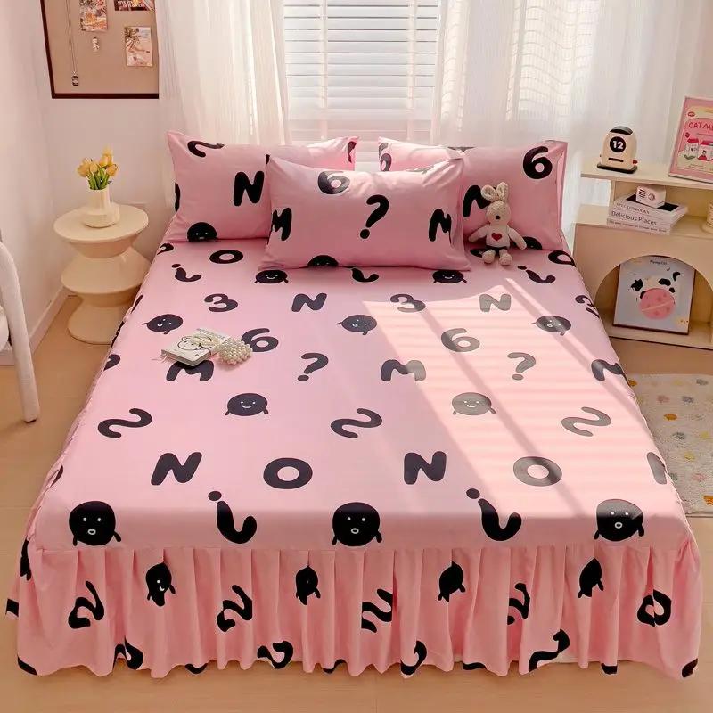 

Хлопковая юбка с принтом, комплект из трех предметов, всесезонный универсальный чехол для односпальной кровати с рюшами, мягкое удобное постельное белье, покрывало 120x200cm bed skirt