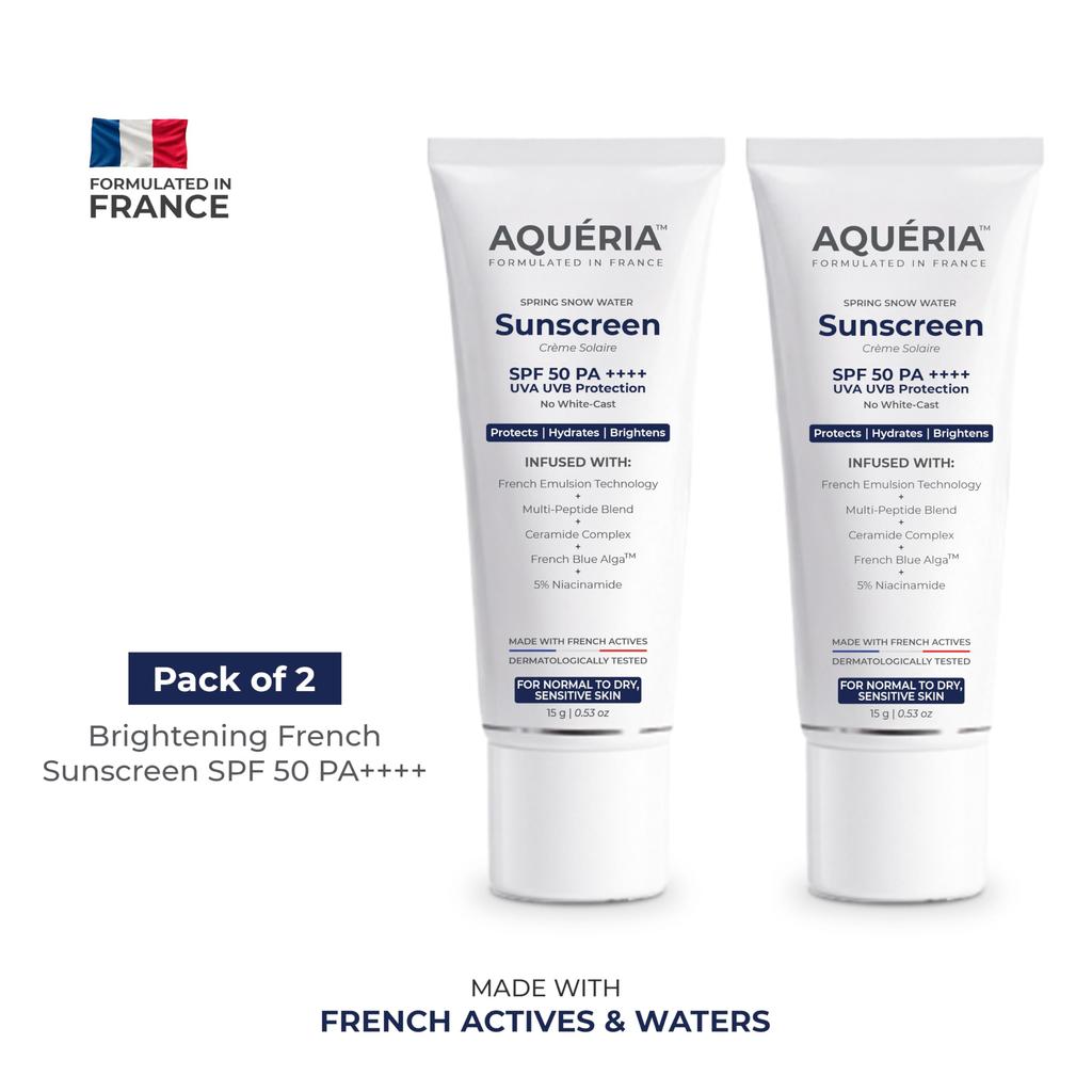 Aqueria Brightening & Moisturizing Multi-Active French Sunscreen SPF 50 PA++++ | In-Vivo/In-Vitro Tested | 5% Niacinamide, 5 Ceramides & Vitamin E
