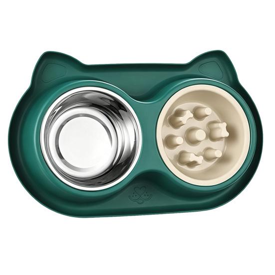Yousheng Double Bowls Pet Feeder, Slow Feeder Bowl And Stainless Steel Bowl, Spill-Proof Anti-Slip Water And Food Bowl Set for Indoor Cats Dogs