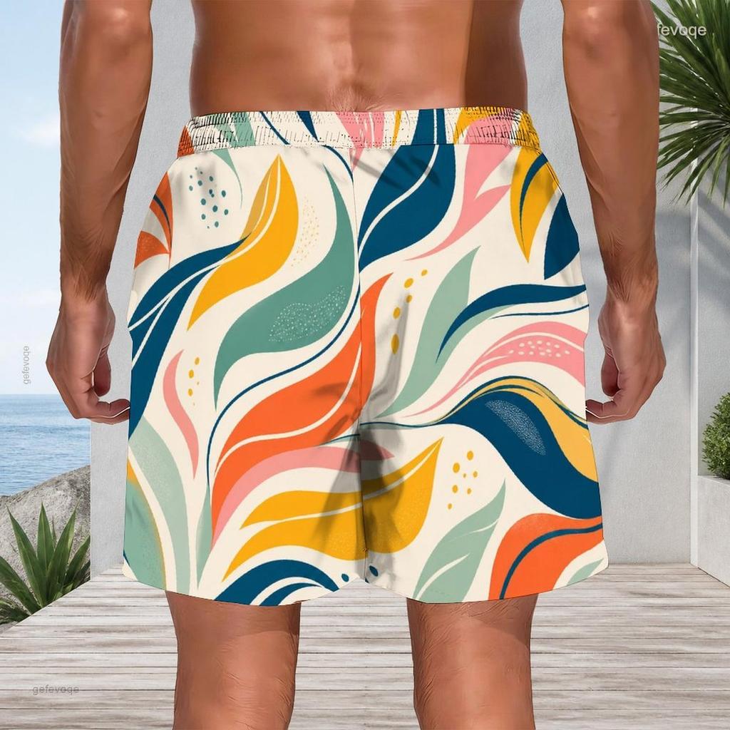 Men s Plus Size Multicolor Printed Beach Shorts Drawstring Waist Side Pockets Straight Leg