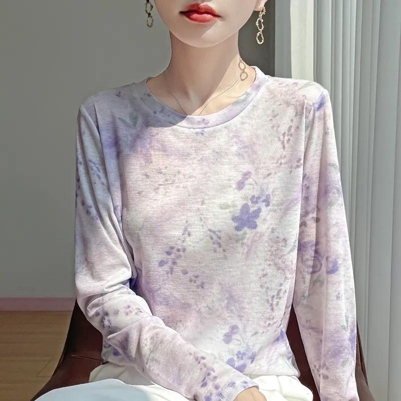 Buntes Batik-Print Neues Langarm-T-Shirt mit modischem Oberteil innen
