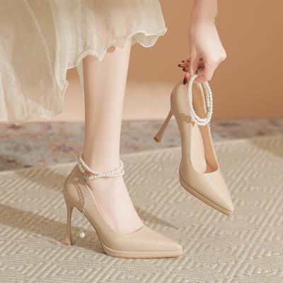 Patent Leather Waterproof Table High Heels Fairy Fairy Temperament Pearl Word with Light Mouth Thin Heel Not Tired Feet Single Shoes