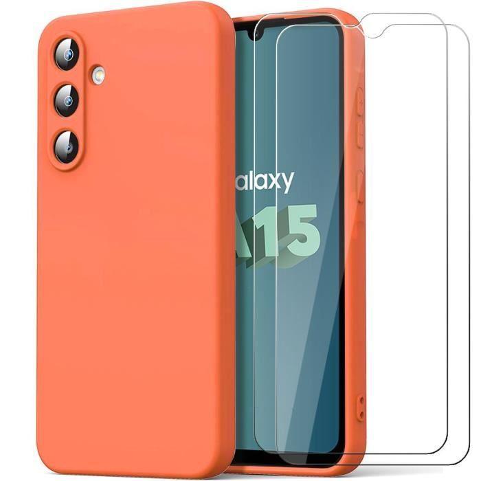 Protective Case - BOOLING - for Samsung Galaxy A15 - Liquid Silicone Orange - 2 Tempered Glasses - Anti-slip