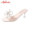 Aphixta 2025 Summer 7cm Transparent Thin Heel Flip Flops Women Luxury Crystals Bow-tie Design Open Toe Slides Sandals Cool Shoes