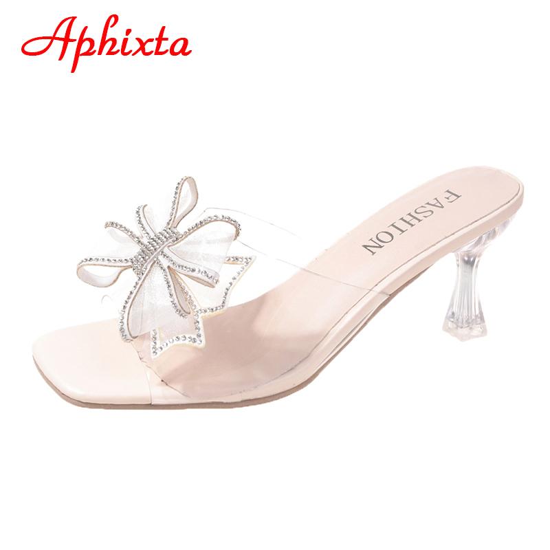 Fashion Aphixta 2025 Summer 7cm Transparent Thin Heel Flip Flops Women Luxury Crystals Bow-tie Design Open Toe Slides Sandals Cool Shoes
