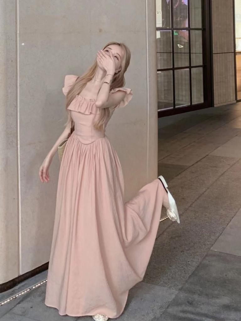 [The original method has an inner lining] Lotus leaf edge dress, new summer temperament, waist and thin A-shaped long skirt