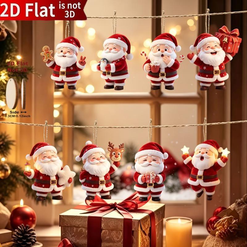 8Pcs Christmas Wooden Hanging Ornaments 2D Flat Santa Gingerbread Penguin Pendants for Holiday Gift Party Decoration