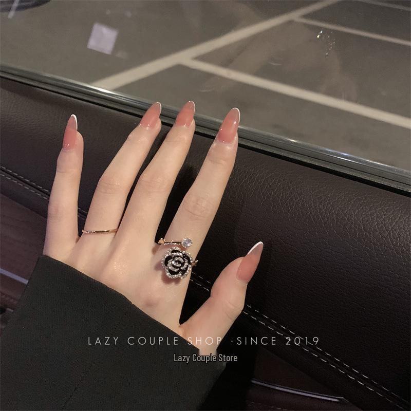 Elegant Black Camellia Ring for Women - Luxurious French-Inspired Design with Gentle Charm