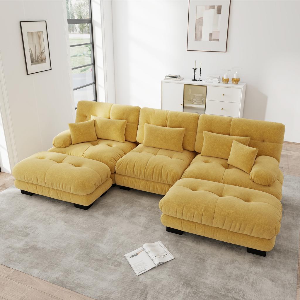 Luxuriöses Modulares Ecksofa - Überdimensionale U-förmige Wolken-Couch für das Wohnzimmer, Tiefe Sitzfläche, Umklappbares Schlafsofa mit Hocker, Gelb