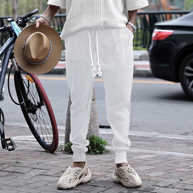 

Mens Casual Solid Color Cable Knit Drawstring Waist Jogger Pants S белый