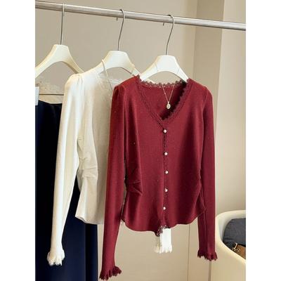 Glitter V-neck Sweater Women's Spring and Autumn New Lace Splicing Knitted Bottoming Sweater