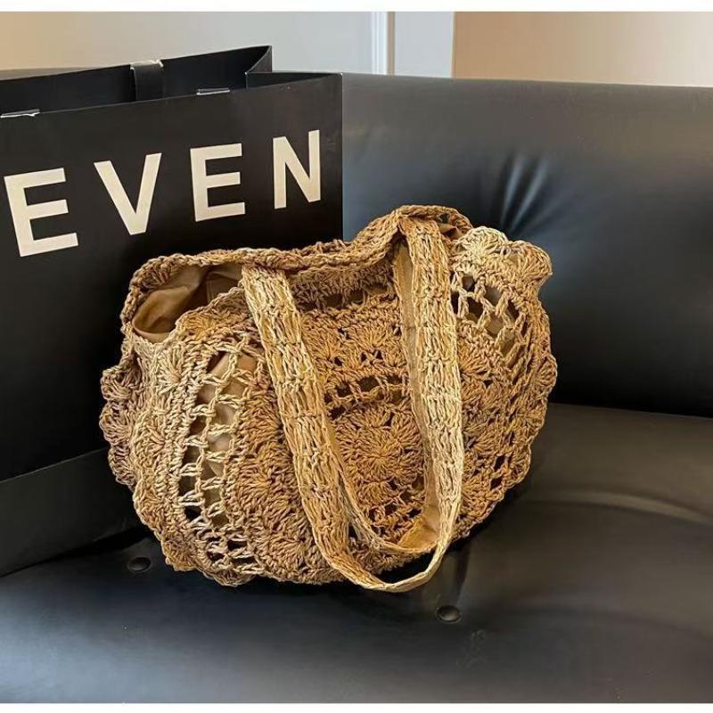 New lace hollow straw bag handwoven bag large capacity tote bag women's seaside vacation shoulder beach bag