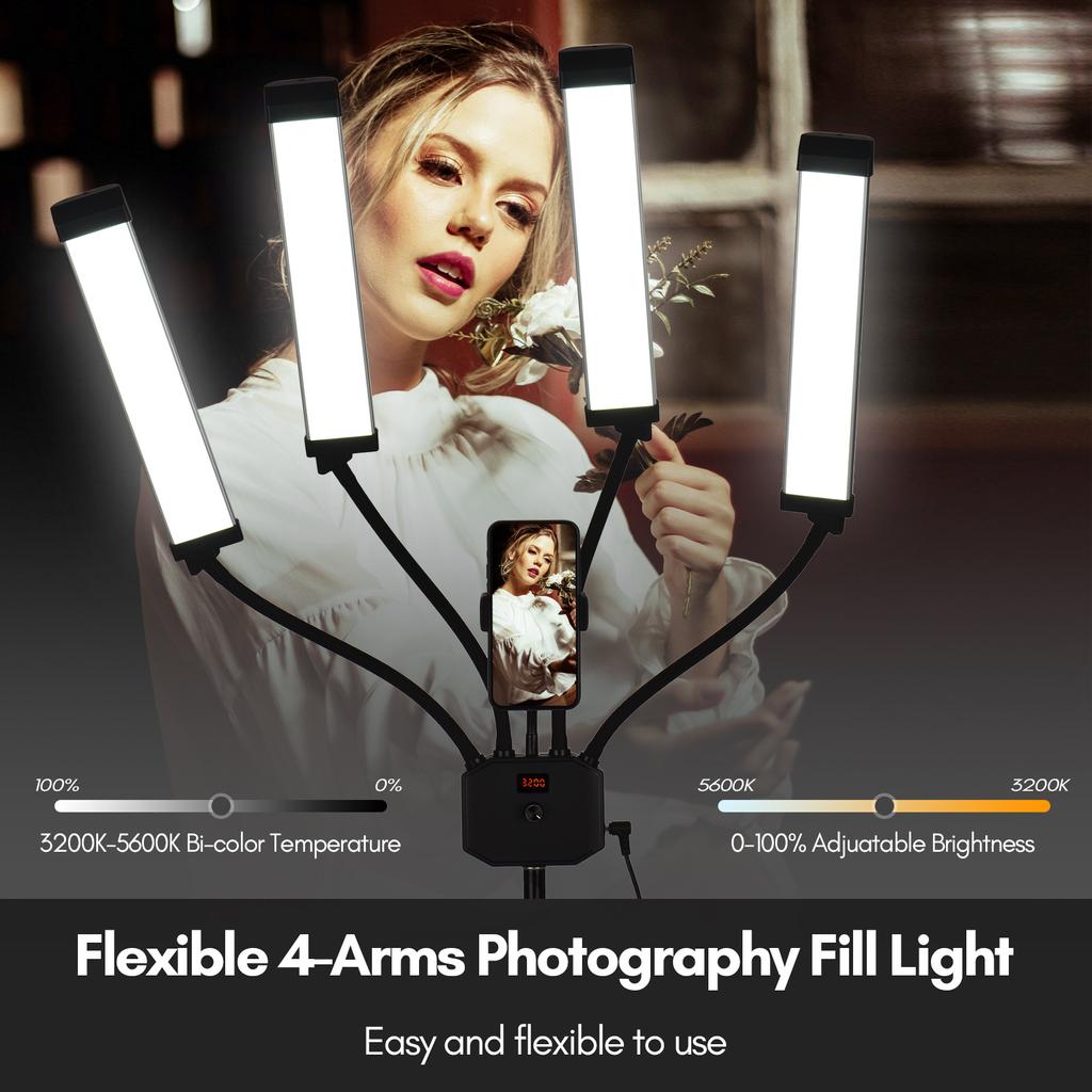 Flexible 4-Arms LED Video Light Photography Fill Light 3200K-5600K Dimmable with Phone Holder +