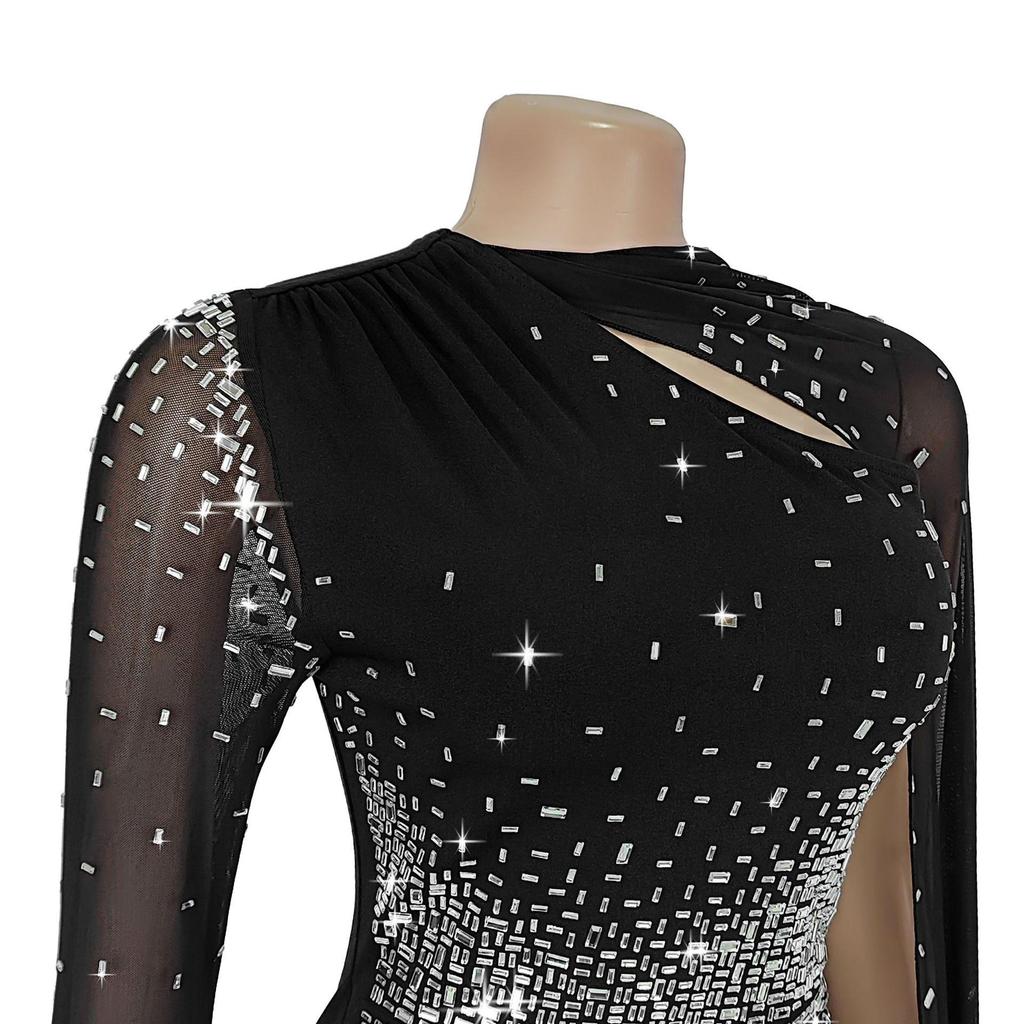 European & American Fashion Sexy Mesh Dress with Hip-Hugging Fit and Hot Drilling Details