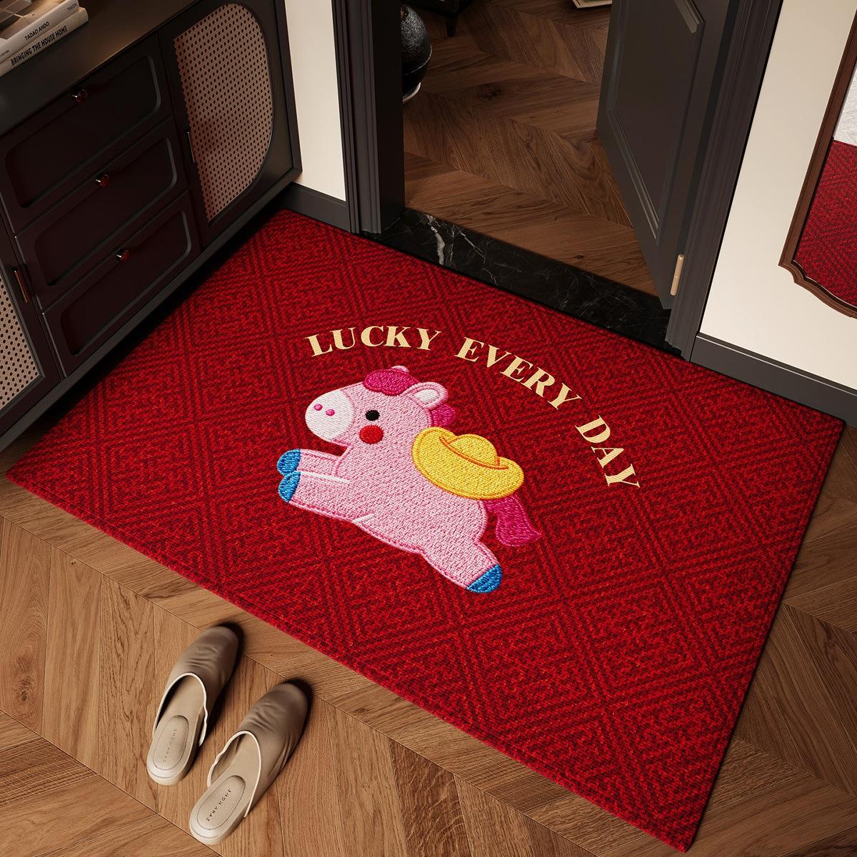 Chinese New Year Carpet Mat Rug Home Decoration 2026 Year of Horse Cute Pony Cartoon Lucky Theme Red Gold Festival Floor Decor 40cm x 60cm
