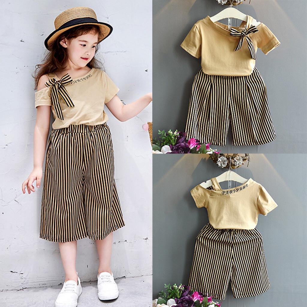 Kids Baby Girls Bowknot T-shirt Dress Tops Striped Trousers Clothes Outfits Sets