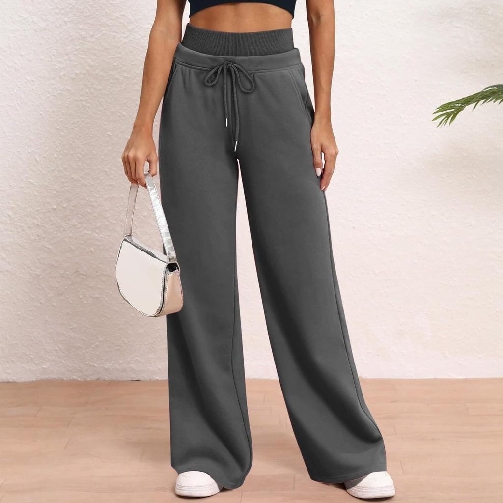 Women's Solid Color High Waisted Pants, Loose Fit Sweatpants, Straight Leg Pants