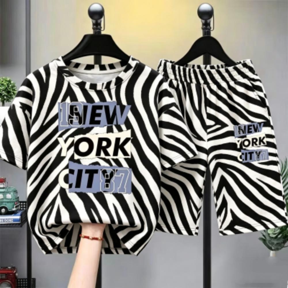 

Leopard Zebra Stripes Letter Printed Kids T-shirt and Shorts 2 Piece Set Summer Casual Outfit for Boys and Girls Kids T-shirt Set 100