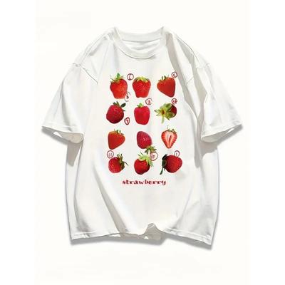 Erdbeerbedrucktes Rundhals-T-Shirt Sommer Lässig Kurzarm-T-Shirt Sommer Atmungsaktives T-Shirt Damenbekleidung