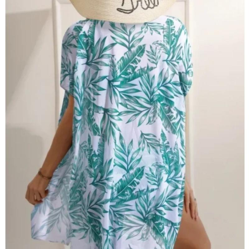 Women Three Piece Swimsuit Set With Leaf Print High Waist Bikini And Sheer Cover Up For Beach Swimming Water Sport Adult Summer Wear