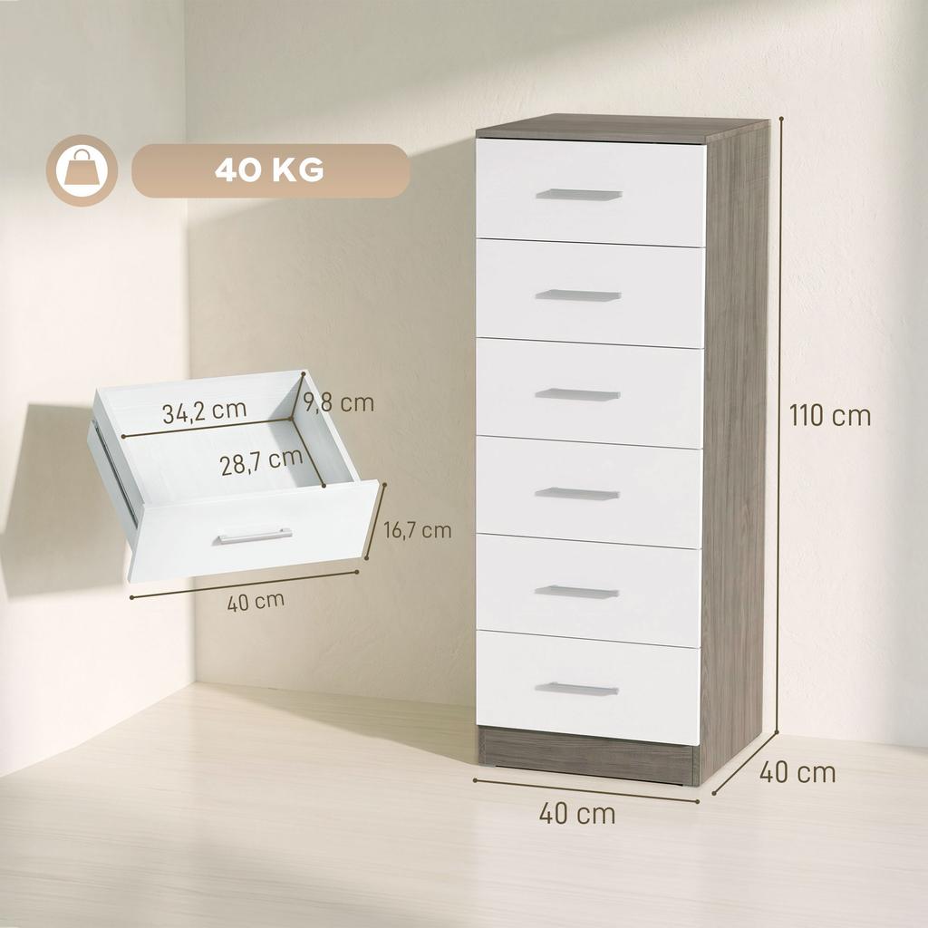 6-Drawer Dresser Tall Chest for Bedroom with Anti-Tip 40x40x110 cm Light Gray and White