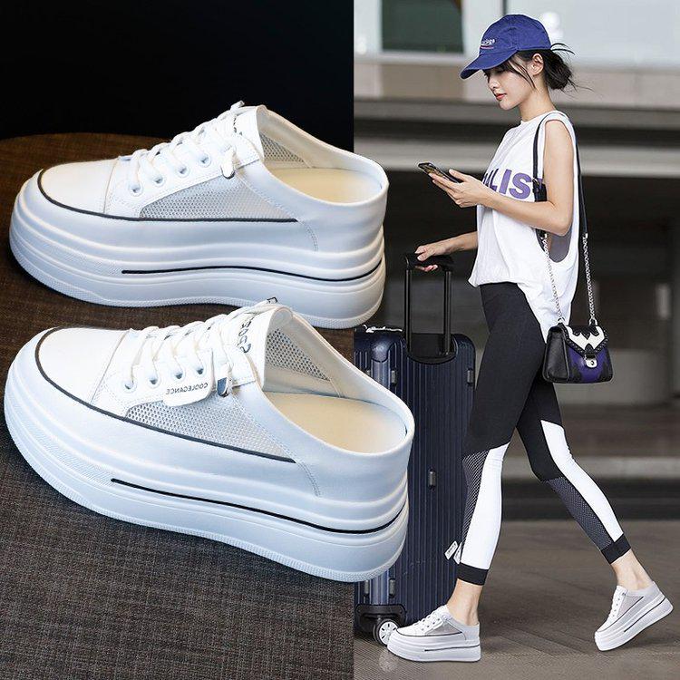Women's Mesh Bread-Toe Slip-On Shoes: Thick Sole, Summer Style, No Heel, 8CM Height Boost, Half-Slip, White.