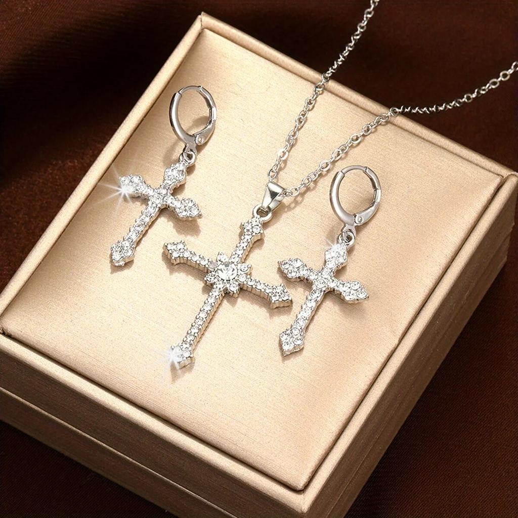 3 Pcs/Set New Fashionable And Minimalist Cross Heart Pendants Earrings Necklaces Jewelry Sets Women's Party GiftsTrendy Jewelry