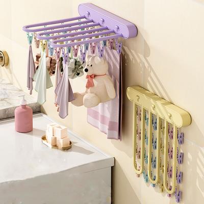 Multi-Clip Foldable Clothes Drying Rack Wall Mounted Underwear & Socks Hanger for Bathroom Balcony