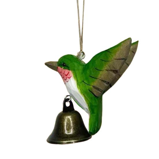 Wood Carving Hummingbird Ornament with Tree Stump/Bell Handcrafted Bird Figurine Statue Sculpture