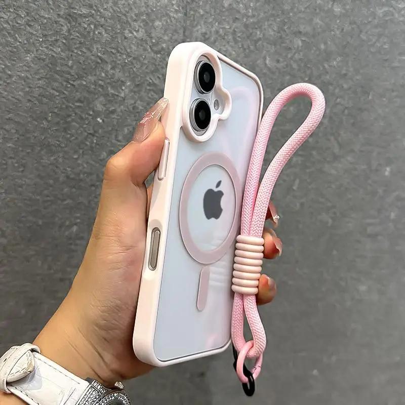 

Clear For Magsafe Phone Case For iPhone 16 15 14 13 12 11 Pro Max With Lanyard Shockproof Armour Wrist Strap Back Cover For iPhone 11 Pro