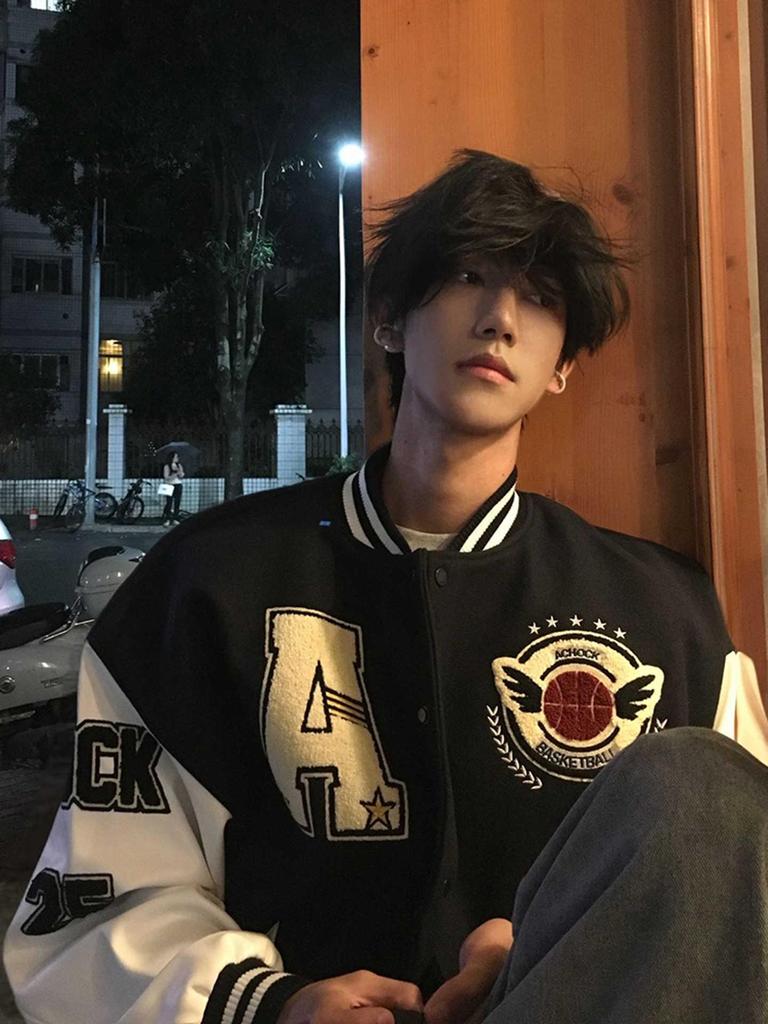 Men's Dark Blue Embroidered Baseball Jacket - Trendy Autumn/Winter Short Style for Couples