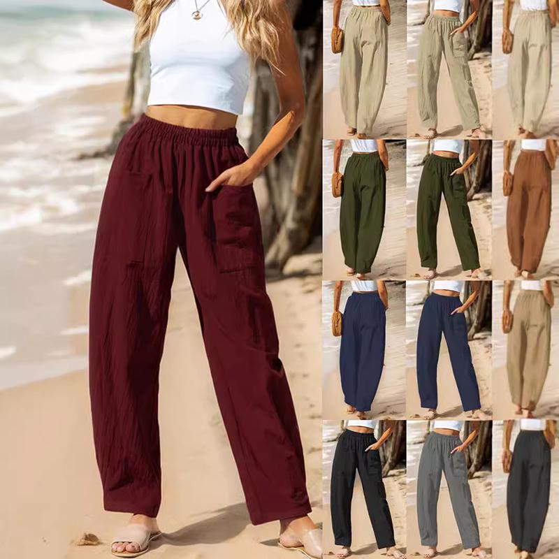 Women Autumn Winter Versatile Linen Blend Solid Color High-Waisted Pants with Pocket