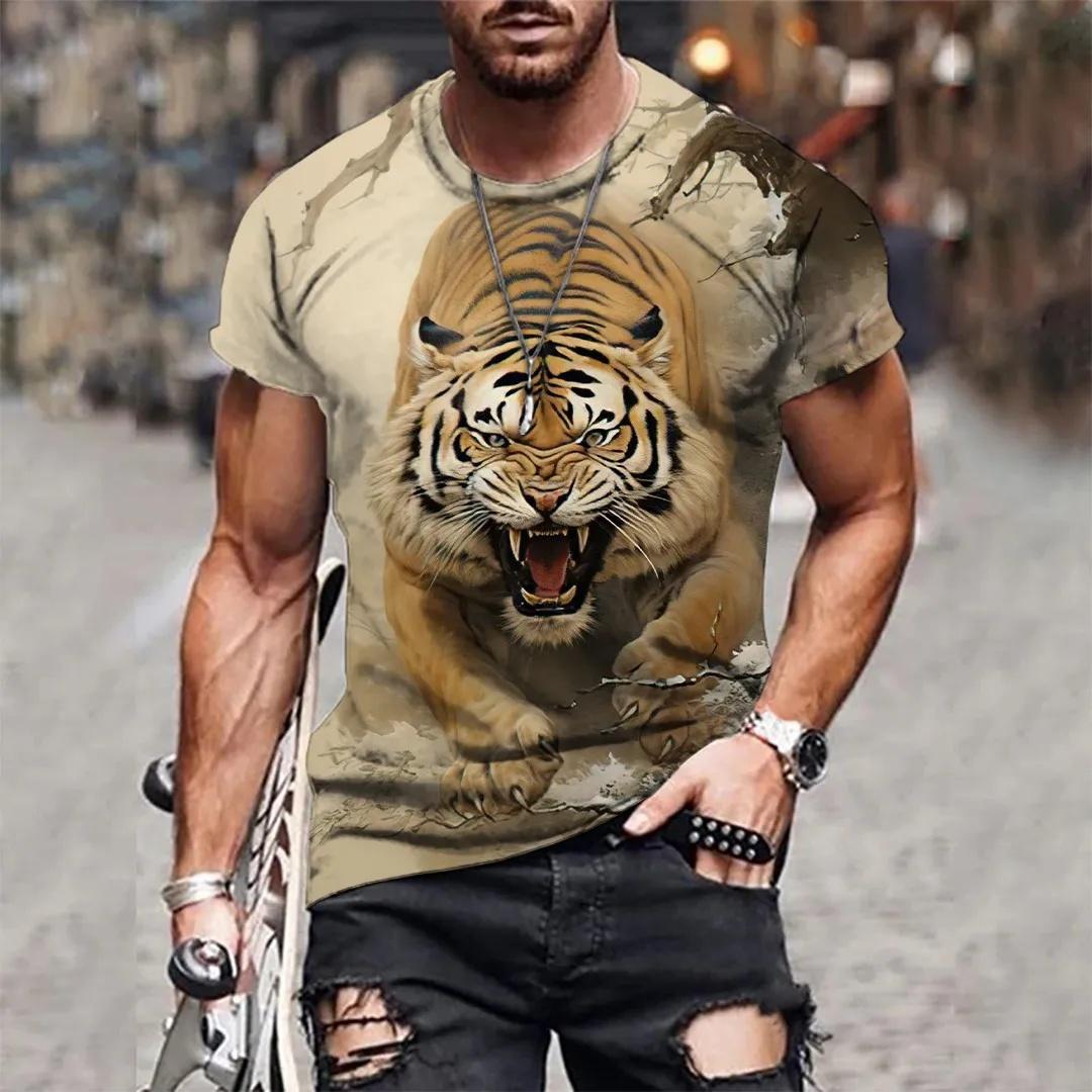 Mens 3D Tiger Print T-Shirt Short Sleeve Crew Neck Breathable Medium Stretch Casual Fashion Tee Outdoor Party Weekend Wear XXS