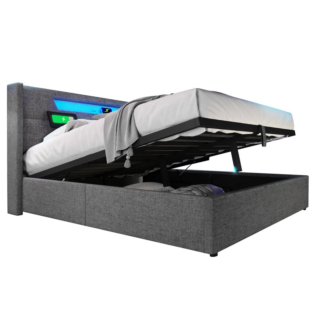 Upholstered LED Double Bed with USB Type C Charging and LED Lighting, Storage Bed Frame Made of Linen, Youth Bed 140x200 Slatted Frame (With Mattress)